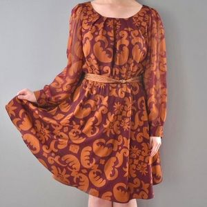 Daniel Cremieux Burgundy Burnt Orange Long Sleeved Flowy Patterned Dress
